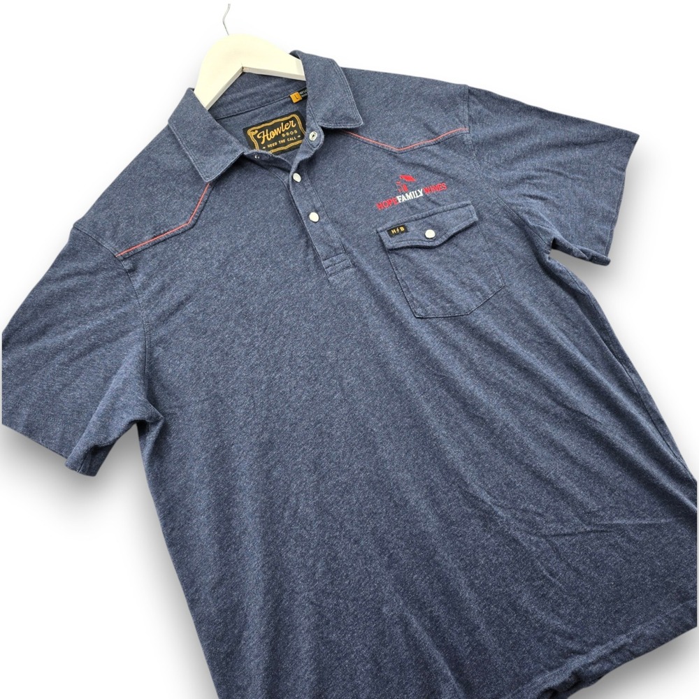 Howler Brothers Mens Large Blue Cotton Western Snap Polo Shirt Hope Family Wines